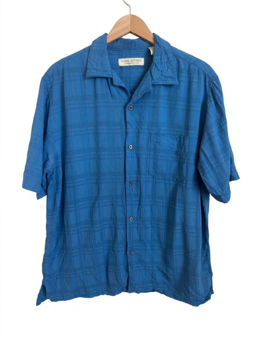 Silk Rayon Plaid Short Sleeve Button Up Shirt Mens L Island Republic Blue Resort